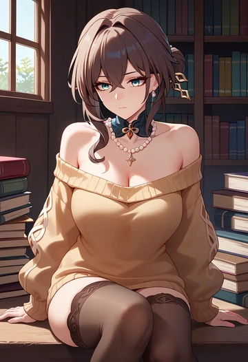 star rail,ruan mei,off-shoulder,sweater  - AI generated anime art